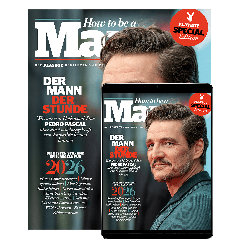 Cover der Playboy Special Edition „How to be a Man“ mit einem Porträt des Schauspielers Pedro Pascal, der im türkisfarbenen Sakko über die Schulter in die Kamera blickt. Titeltext: „Der Mann der Stunde – Was wir von Hollywood-Star Pedro Pascal über die An