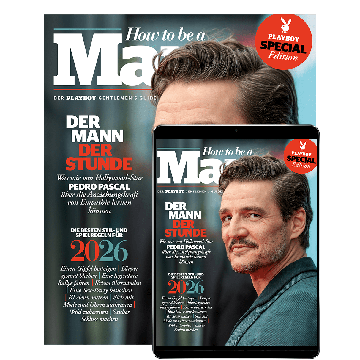 Cover der Playboy Special Edition „How to be a Man“ mit einem Porträt des Schauspielers Pedro Pascal, der im türkisfarbenen Sakko über die Schulter in die Kamera blickt. Titeltext: „Der Mann der Stunde – Was wir von Hollywood-Star Pedro Pascal über die An
